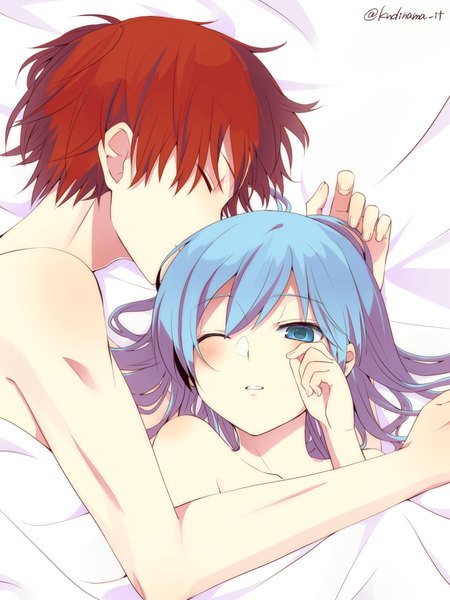 Anime picture 691x921 with ansatsu kyoushitsu shiota nagisa akabane karma hi-ma long hair tall image blush fringe short hair blue eyes light erotic hair between eyes bare shoulders signed blue hair red hair lying eyes closed profile one eye closed