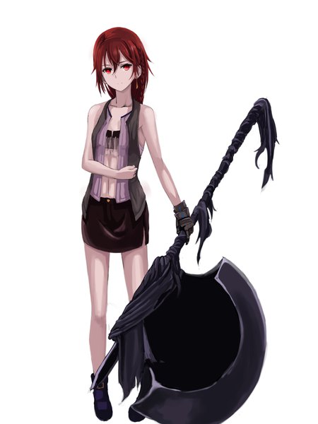 Anime-Bild 1440x1920 mit original mikisai single long hair tall image looking at viewer fringe simple background hair between eyes red eyes standing white background bare shoulders holding full body red hair braid (braids) bare legs bare belly side braid