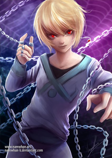 Anime picture 568x800 with hunter x hunter kurapica namwhan single tall image fringe short hair blonde hair hair between eyes red eyes signed looking away upper body realistic watermark fighting stance boy chain spider web