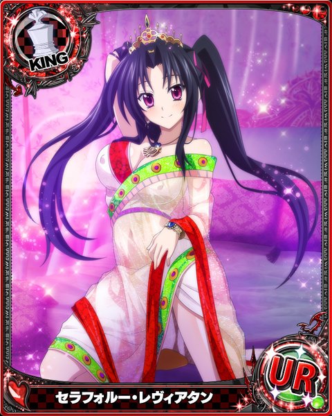 Anime picture 640x800 with highschool dxd serafall leviathan single long hair tall image looking at viewer blush breasts light erotic black hair purple eyes twintails traditional clothes card (medium) girl transparent clothing tiara arabian clothes