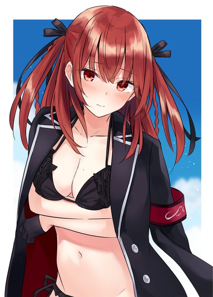 Anime picture 2591x3624 with original azuuru single long hair tall image looking at viewer blush fringe highres breasts light erotic hair between eyes red eyes large breasts standing sky cloud (clouds) red hair braid (braids) head tilt