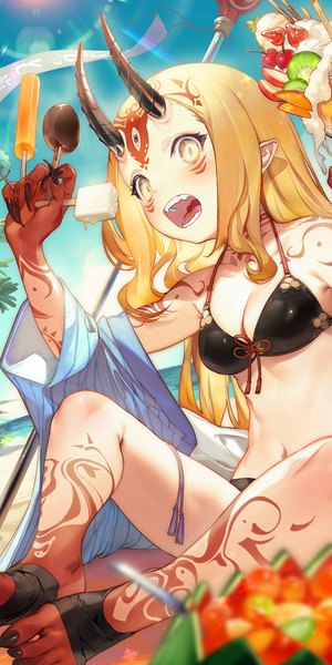 Anime picture 600x1200 with fate (series) fate/grand order ibaraki douji (fate) ibaraki douji (swimsuit lancer) (fate) kodama (wa-ka-me) single long hair tall image looking at viewer blush breasts open mouth light erotic blonde hair sitting bare shoulders holding yellow eyes sky bent knee (knees)