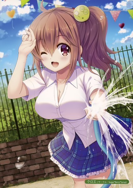 Anime picture 2482x3500 with original melonbooks crowe (sugar-berry-syrup) single long hair tall image looking at viewer blush fringe highres breasts open mouth light erotic smile hair between eyes brown hair large breasts holding brown eyes signed