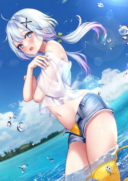 Anime picture 2894x4093 with virtual youtuber indie virtual youtuber setsuna megumi yuga single long hair tall image looking at viewer blush fringe highres open mouth blue eyes light erotic hair between eyes standing twintails sky silver hair cloud (clouds)