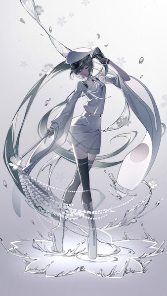 Anime picture 2126x3779 with project diva vocaloid senbonzakura (vocaloid) hatsune miku kazenemuri single tall image fringe highres simple background smile standing twintails holding full body eyes closed very long hair arm up aqua hair wide sleeves