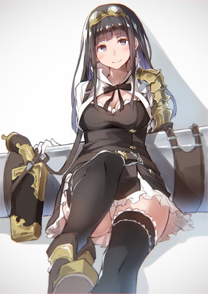 Anime picture 1243x1757 with granblue fantasy jessica (granblue fantasy) nanahara fuyuki single long hair tall image looking at viewer blush fringe breasts light erotic black hair simple background smile sitting purple eyes cleavage bent knee (knees) blunt bangs grey background