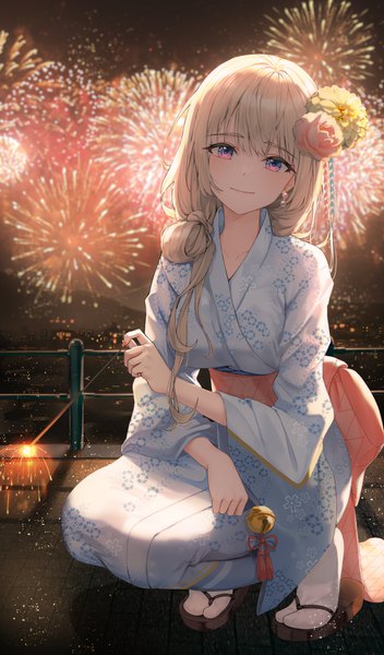 Anime picture 3089x5262 with original jisu lee single long hair tall image looking at viewer blush fringe highres breasts blonde hair purple eyes holding absurdres full body outdoors blunt bangs nail polish traditional clothes head tilt