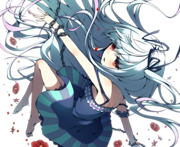 Anime picture 1228x1000 with original tepes (artist) single long hair red eyes white hair girl dress flower (flowers) ribbon (ribbons) hair ribbon petals chain