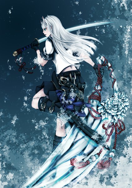 Anime picture 800x1132 with original nejimaki oz single long hair tall image fringe open mouth blue eyes white hair profile horn (horns) short sleeves snowing winter oni horns girl skirt gloves uniform flower (flowers)