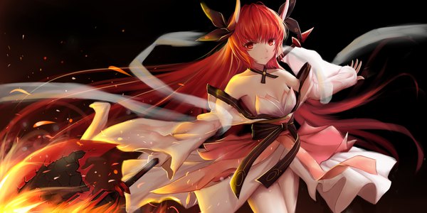 Anime picture 4000x2000 with date a live itsuka kotori huijin zhi ling single fringe highres breasts simple background hair between eyes red eyes wide image holding payot cleavage red hair very long hair traditional clothes japanese clothes horn (horns) wind