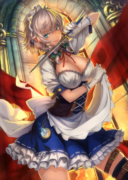 Anime picture 992x1402 with touhou izayoi sakuya ryuuzaki ichi single tall image looking at viewer blush short hair breasts light erotic smile large breasts holding cleavage silver hair braid (braids) maid twin braids girl dress