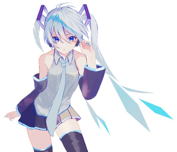 Anime picture 1904x1642 with vocaloid hatsune miku p2 (uxjzz) single long hair looking at viewer fringe highres blue eyes simple background hair between eyes standing white background twintails bare shoulders nail polish pleated skirt wind aqua hair wide sleeves