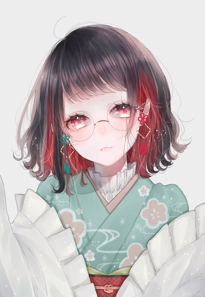 Anime picture 1377x2000 with original ichijiku (user yhjw8354) single tall image looking at viewer fringe short hair black hair simple background red eyes upper body red hair blunt bangs traditional clothes head tilt japanese clothes multicolored hair grey background two-tone hair lipstick