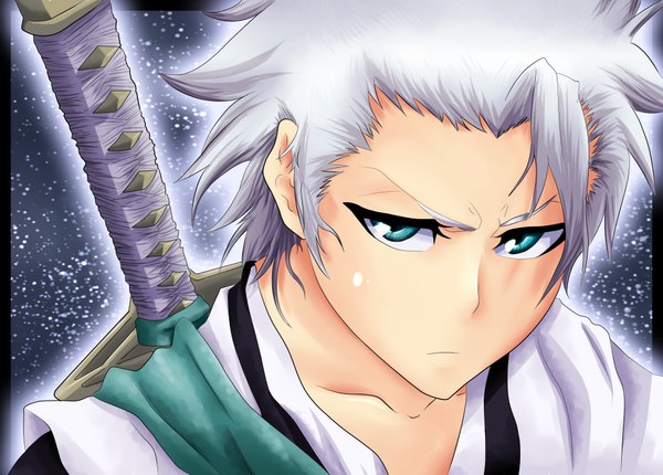 Anime picture 3996x2864 with bleach studio pierrot hitsugaya toushirou gone-phishing single highres short hair absurdres white hair japanese clothes aqua eyes coloring portrait close-up face boy weapon sword kimono scarf