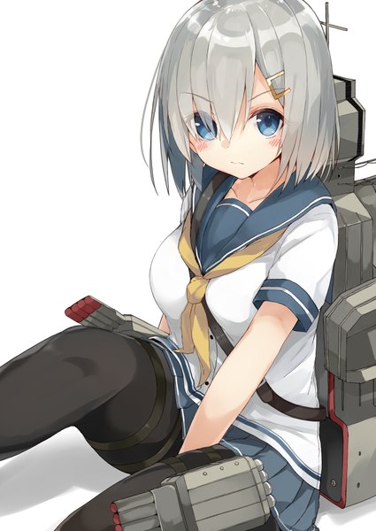 Anime picture 2690x3800 with kantai collection hamakaze destroyer kou mashiro single tall image looking at viewer highres short hair blue eyes simple background white background sitting grey hair girl skirt hair ornament miniskirt pantyhose sailor suit hairpin (hairpins)