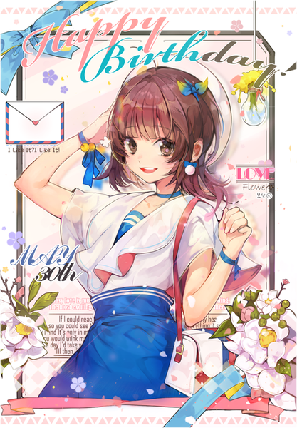 Anime-Bild 560x804 mit original bosack single tall image looking at viewer fringe short hair open mouth smile brown hair brown eyes ahoge blunt bangs hand on head happy birthday girl flower (flowers) bow earrings choker