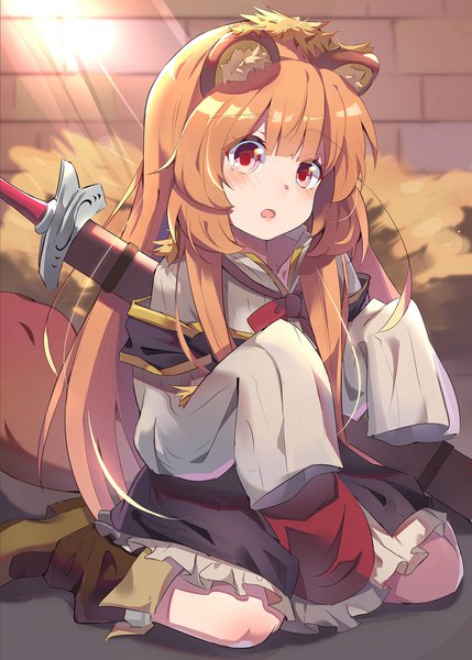 Anime picture 1218x1702 with tate no yuusha no nariagari kinema citrus raphtalia aisha (rfrm) single long hair tall image looking at viewer blush fringe open mouth red eyes sitting animal ears payot tail long sleeves head tilt animal tail sunlight