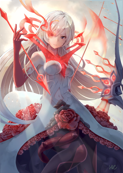 Anime picture 595x835 with sinoalice snow white (sinoalice) hoshizaki reita single long hair tall image looking at viewer fringe breasts hair between eyes red eyes standing holding signed silver hair black eyes heterochromia glowing glowing eye (eyes) girl