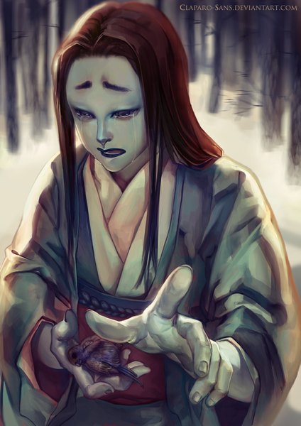 Anime picture 724x1024 with original claparo-sans long hair tall image open mouth brown hair traditional clothes japanese clothes black eyes inscription lipstick tears crying pointing death black lipstick boy plant (plants) animal tree (trees)