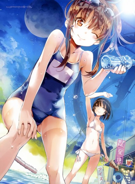 Anime picture 3537x4798 with original yuugen long hair tall image looking at viewer blush highres short hair smile brown hair multiple girls brown eyes absurdres sky cloud (clouds) ponytail one eye closed wink from below armpit (armpits)