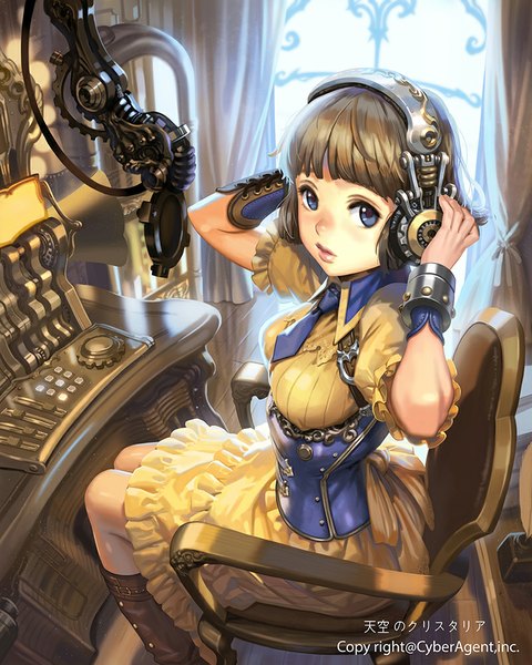 Anime picture 800x1000 with tenkuu no crystalia sunkist single tall image looking at viewer fringe short hair blue eyes brown hair sitting bent knee (knees) indoors hand on headphones hands on head girl dress necktie boots bracelet window
