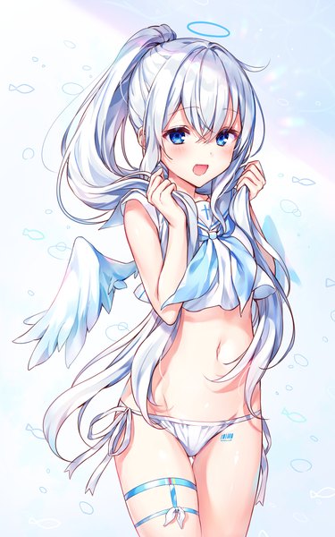 Anime picture 1003x1603 with original komeshiro kasu single long hair tall image looking at viewer blush fringe open mouth blue eyes light erotic simple background smile hair between eyes white background payot silver hair ponytail :d bare belly