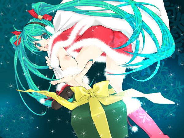 Anime picture 1024x768 with vocaloid hatsune miku long hair light erotic twintails aqua eyes aqua hair pantyshot fur trim christmas girl fur bell bag gift santa claus costume christmas present n2