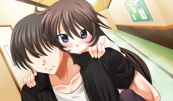 Anime picture 1024x600 with kono sekai no mukou de long hair blush short hair black hair wide image game cg black eyes couple girl boy