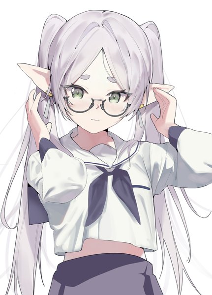 Anime picture 1797x2503 with sousou no frieren frieren layer (shinobu) single long hair tall image looking at viewer highres simple background white background twintails green eyes silver hair upper body pointy ears alternate costume eyebrows elf bespectacled girl
