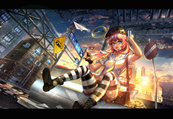 Anime picture 1600x1105 with original sangrde single long hair looking at viewer blue eyes sitting signed pink hair sky cloud (clouds) outdoors lips sunlight blurry lens flare letterboxed girl thighhighs gloves