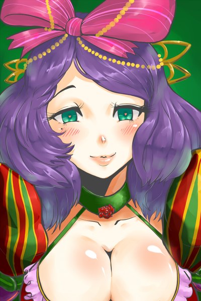 Anime picture 1000x1500 with monster strike trombe single long hair tall image looking at viewer blush breasts light erotic large breasts green eyes purple hair lips mole mole under eye girl bow hair bow large bow
