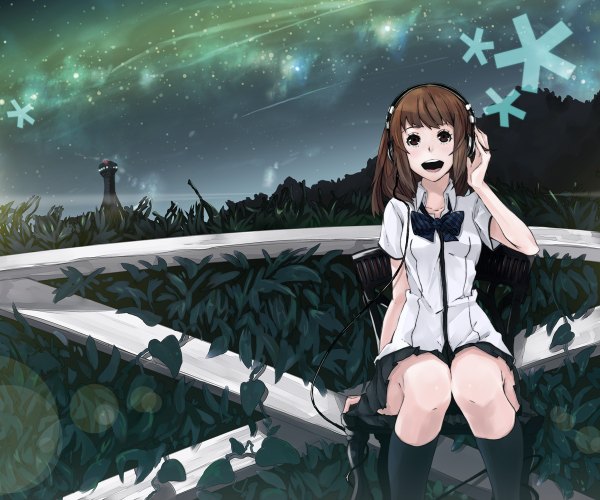 Anime picture 1200x1000 with original mille (dieci) single short hair open mouth brown hair brown eyes night night sky girl plant (plants) socks headphones black socks lighthouse