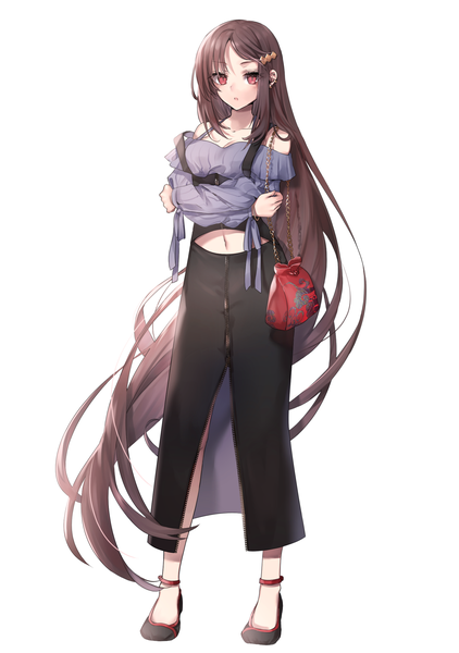 Anime picture 1764x2508 with fate (series) fate/grand order yu mei-ren (fate) hane yuki single tall image looking at viewer blush fringe highres simple background red eyes brown hair standing white background bare shoulders cleavage full body very long hair midriff