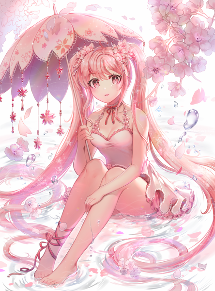 Anime picture 700x944 with vocaloid hatsune miku sakura miku ozzingo single tall image looking at viewer blush fringe hair between eyes twintails bare shoulders holding payot pink hair cleavage full body ahoge bent knee (knees) very long hair