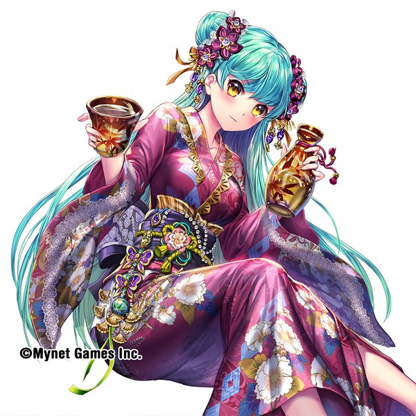 Anime picture 1000x1000 with sangoku infinity esphy single looking at viewer blush fringe simple background white background sitting holding yellow eyes blue hair very long hair traditional clothes japanese clothes hair bun (hair buns) floral print girl hair ornament kimono