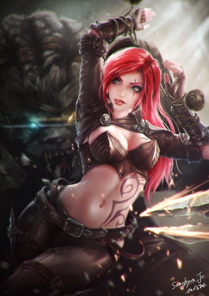 Anime picture 1240x1754 with league of legends katarina (league of legends) rengar (league of legends) sanghyunje long hair tall image blue eyes light erotic green eyes yellow eyes looking away red hair lips bare belly midriff tattoo lipstick heterochromia grin scar