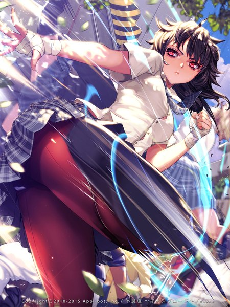 Anime picture 1600x2133 with furyou michi ~gang road~ xaxak long hair tall image light erotic black hair red eyes standing multiple girls looking away ahoge bent knee (knees) outdoors pleated skirt sunlight plaid skirt standing on one leg solo focus leg lift (legs lift) fighting stance