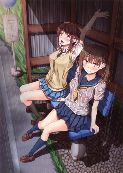 Anime picture 2489x3500 with original shake (ferit3) long hair tall image blush highres open mouth red eyes brown hair multiple girls brown eyes scan official art rain wet clothes girl skirt uniform 2 girls school uniform