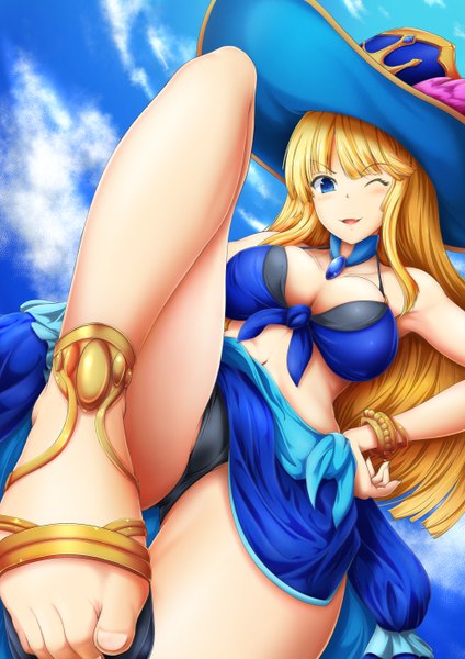Anime picture 992x1403 with puzzle & dragons awilda (p&d) bol (liliymimi) single long hair tall image blush breasts blue eyes light erotic blonde hair sky cloud (clouds) one eye closed wink legs girl navel swimsuit hat
