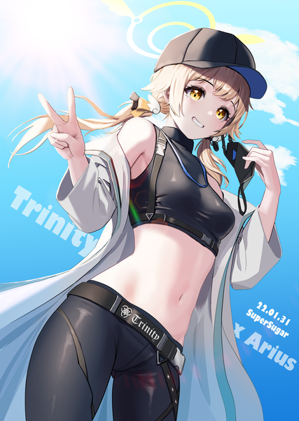 Anime picture 1920x2700 with blue archive saori (blue archive) hifumi (blue archive) supersugar single long hair tall image highres blonde hair smile twintails signed yellow eyes sky cloud (clouds) from below midriff grin low twintails dated