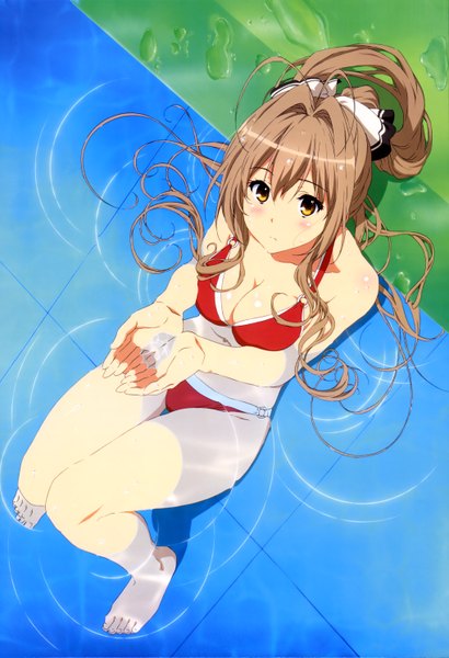 Anime picture 4070x5946 with amagi brilliant park kyoto animation nyantype sento isuzu tagme (artist) single long hair tall image looking at viewer blush highres light erotic brown hair brown eyes absurdres ponytail official art girl swimsuit bikini