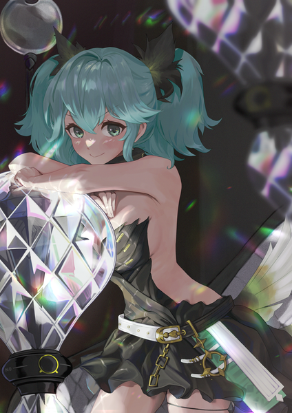 Anime picture 2026x2865 with echocalypse stara (echocalypse) omochiarts single tall image looking at viewer fringe highres short hair breasts light erotic smile hair between eyes twintails green eyes aqua hair sideboob short twintails shiny girl