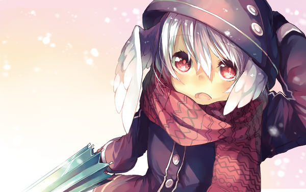 Anime picture 1337x841 with original en@rain single looking at viewer blush short hair open mouth simple background red eyes white background holding white hair from above snowing angel wings closed umbrella girl wings scarf hood
