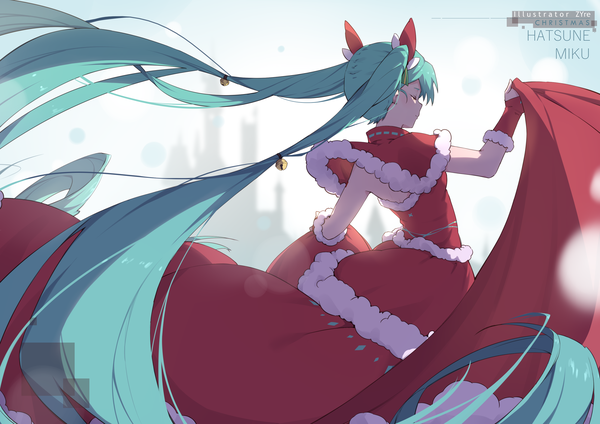 Anime picture 2805x1984 with vocaloid hatsune miku zhayin-san single long hair highres standing twintails signed eyes closed very long hair profile from behind aqua hair fur trim character names outstretched arm christmas hair bell girl