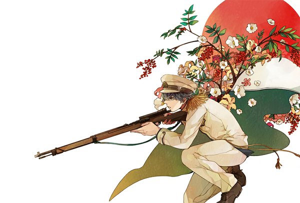 Аниме картинка 1000x677 с оригинальное изображение anzu (astro75) один (одна) короткие волосы чёрные волосы простой фон белый фон чёрные глаза на корточках мужчина форма цветок (цветы) оружие еда огнестрельное оружие военная форма ветка ягода (ягоды) флаг винтовка