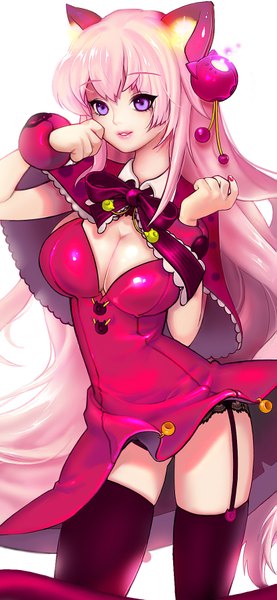 Anime picture 831x1796 with original dadachyo single tall image highres breasts light erotic simple background large breasts white background purple eyes animal ears pink hair cleavage tail very long hair animal tail cat ears cat tail girl