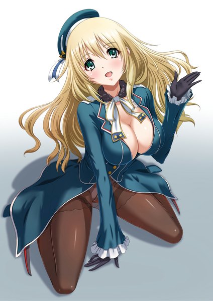 Anime picture 800x1131 with kantai collection atago heavy cruiser chaki-yam single long hair tall image blush breasts open mouth blue eyes light erotic blonde hair cleavage pantyshot girl dress underwear panties pantyhose beret