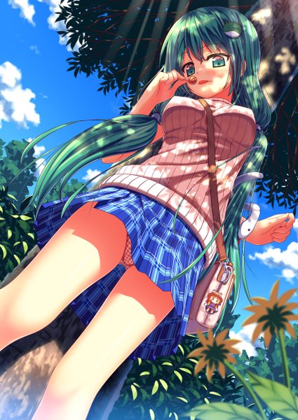 Anime picture 860x1214 with touhou kochiya sanae moriya suwako nazu-na long hair tall image blush light erotic green eyes sky cloud (clouds) green hair pantyshot girl skirt hair ornament underwear panties flower (flowers) plant (plants)