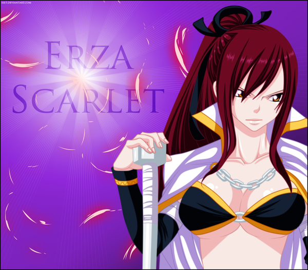 Anime picture 1400x1230 with fairy tail erza scarlet xset single long hair light erotic ponytail red hair inscription orange eyes coloring light girl ribbon (ribbons) hair ribbon chain