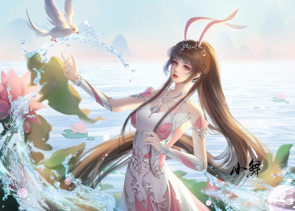 Anime picture 4096x2929 with douluo continent xiao wu zhong yan single looking at viewer fringe highres breasts brown hair standing brown eyes absurdres ponytail blunt bangs very long hair lips realistic character names partially submerged hieroglyph